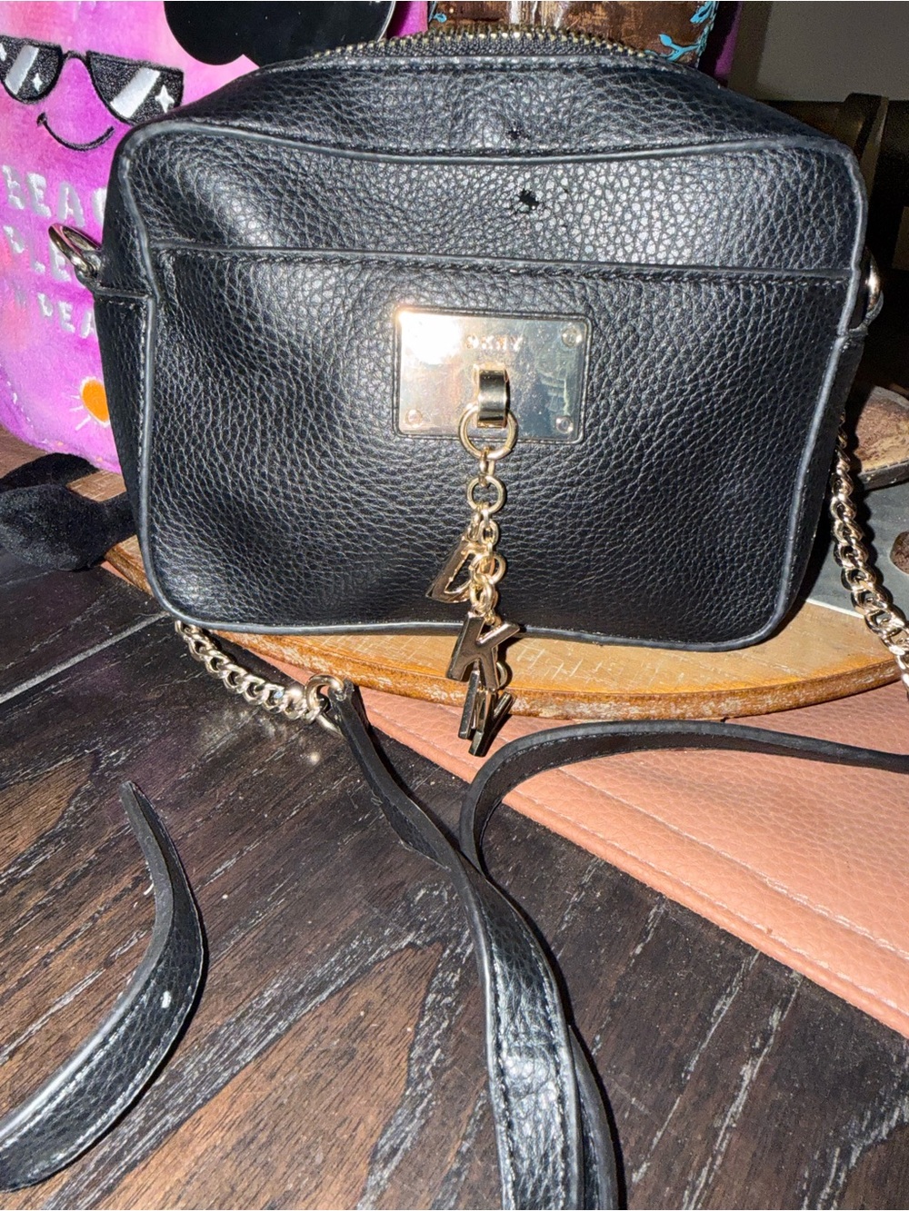 DKNY Black Leather Crossbody with Gold Logo Charm